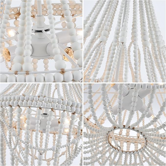 20” Bohemia Large Wood Beaded Chandelier Coastal French Country Chandelier Farmhouse Antique Pendant Light for Living Room Kitchen Island Dining Bedroom, Distressed White, UL Listed