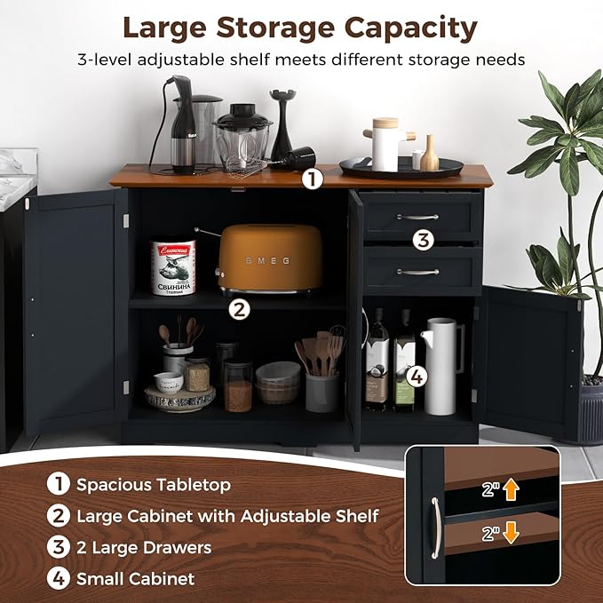 COSTWAY Buffet Cabinet with Storage, Farmhouse Sideboard Storage Cabinet with 3 Doors, 2 Drawers & Adjustable Shelf, Console Table, Coffee Bar Credenza Cabinet for Kitchen Cupboard Dining Room (Black)