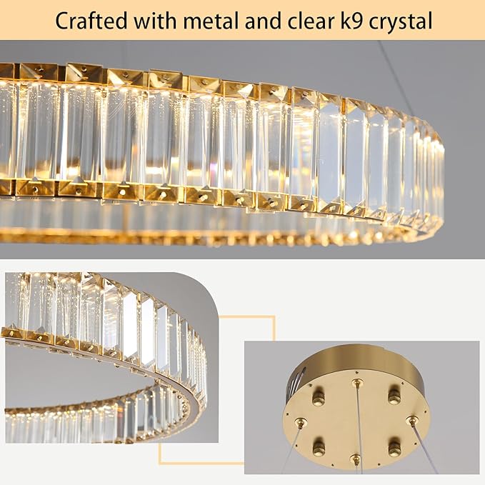 32'' Modern Ring Chandelier Crystal Chandeliers for Dining Room Round LED Dimmable Ceiling Light Fixture for Living Room Bedroom Lighting Gold
