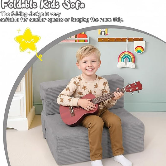 MeMoreCool Folding Sofa for Kids, Corduroy Fold Out Futon Chair, Small Foldable Floor Mattress, Portable Children Couch Sofa, Light Grey