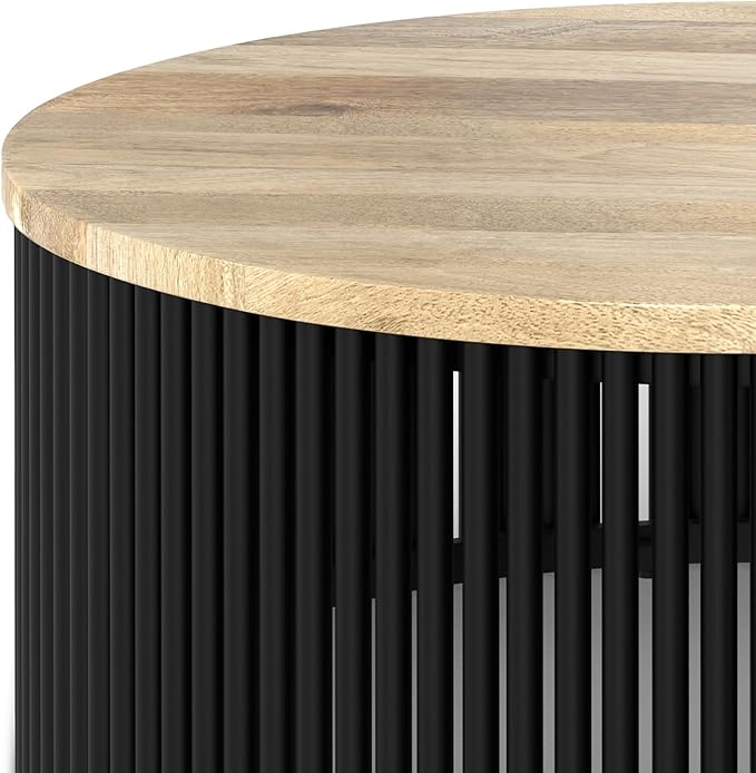 SIMPLIHOME Demy Coffee Table - 35 inch Wide Solid Wood Industrial Contemporary Round Cocktail Table in Natural and Black, Sculptural Living Room Table with Powder Coated Metal Base, Assembled
