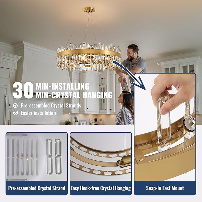 Gold Crystal Chandelier for Dining Room, 16-Light Modern Chandelier, 31.5-inch K9 Crystal Raindrop Ceiling Light, Luxury Flush Mount Light Fixture for Kitchen Living Room Entryway Bedroom