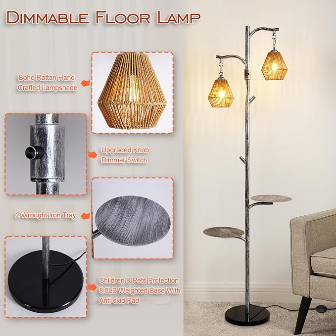 Hsyile Arc Floor Lamp with Cage Shade,Rattan&Fabric Boho Floor Lamps for Living Room Bedroom,Silver Gray Industrial Dimmable Floor Light,Farmhouse Rustic Tall Lamp for Office Reading