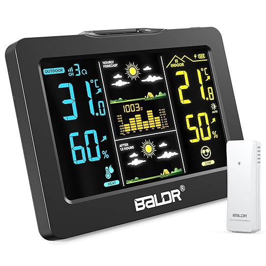 Wireless Weather Station with Outdoor Sensor, Indoor Outdoor Thermometer Hygrometer, HD Color Display, Smart Backlight, Rechargeable Battery Temperature Humidity Monitor