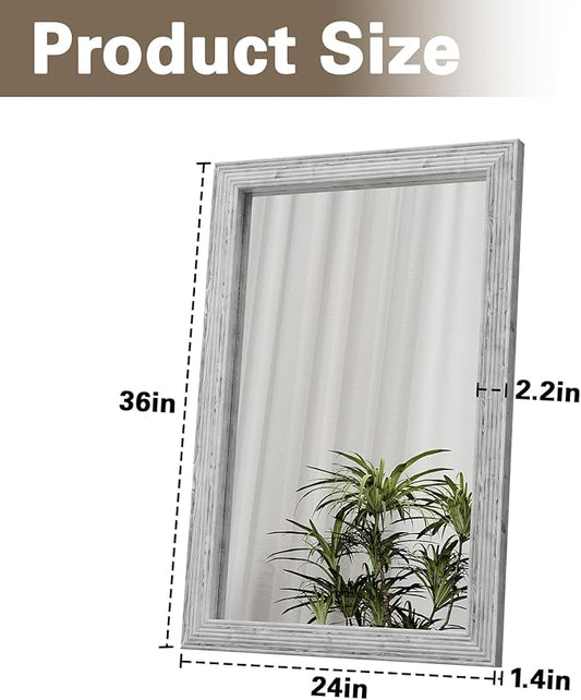 ULIKE Rustic Mirror for Bathroom, Farmhouse Mirror with Wood Frame, 24x36 Inch White Vanity Mirrors for Wall Decor of Bedroom or Living Room, Vertical or Horizontal Hanging, Rectangle