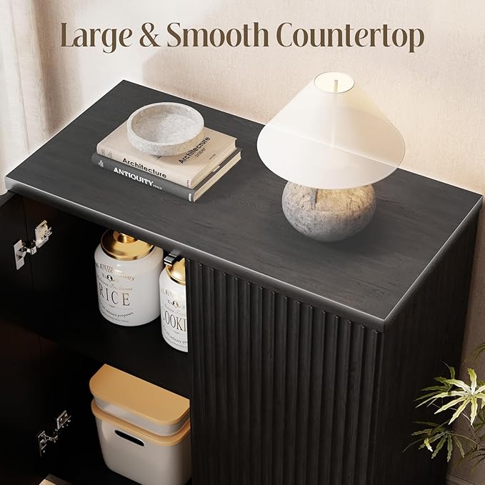 Fluted Buffet Cabinet Sideboard with Storage, Wooden Credenza with 2 Doors & Adjustable Shelf, Modern 15" Deep Accent Cabinet for Living Room, Kitchen Dining Room Entryway,Black