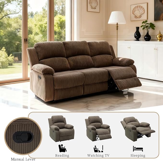Living Room Furniture Sets, Manual Recliner Sofa with Cup Holders, Peanut Brown Corduroy Fabric Reclining Sectional Sofa with 2 Recliner Seats, Drop-down Table, Storage Console for Living Room
