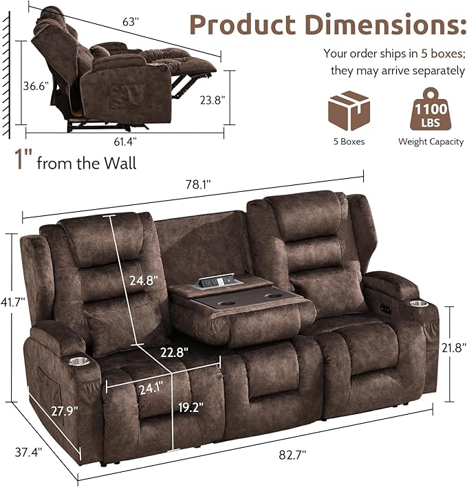 SAMERY Power Loveseat Recliner Sofa, Wall Hugger Reclining Loveseat Sofa, Movie Home Theater Seating with Flip-Backrest, Solid Wood Top, Ambient LED Lights, USB-C, Outlets, Velvet, Chestnut | Extra Wide Seat, Plush Padding, Dual Power Recline, Flip-Dow...