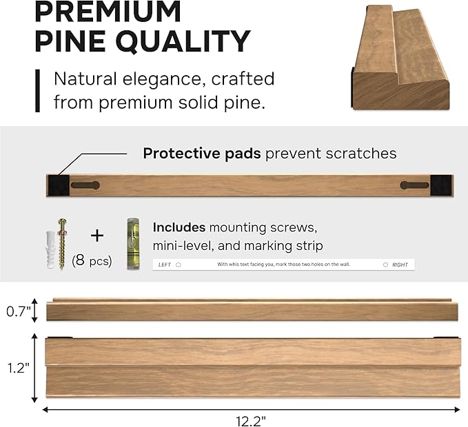 VOL-KI 4-Pack Vinyl Record Shelf Wall Mount – Solid NZ Pine Wood Floating Vinyl Display Shelf & Record Holder, Includes Now Playing Display, Marking Strip & Mini Level (Rich Walnut)