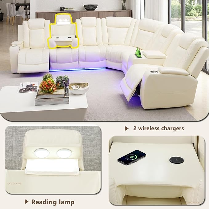 Leather Power Recliner Sectional Sofa Set with LED Light,L Shaped Leather Sectional Set with 5 Recliner Seats,Modular Sofa and Loveseat with USB Port for Living Room Furniture