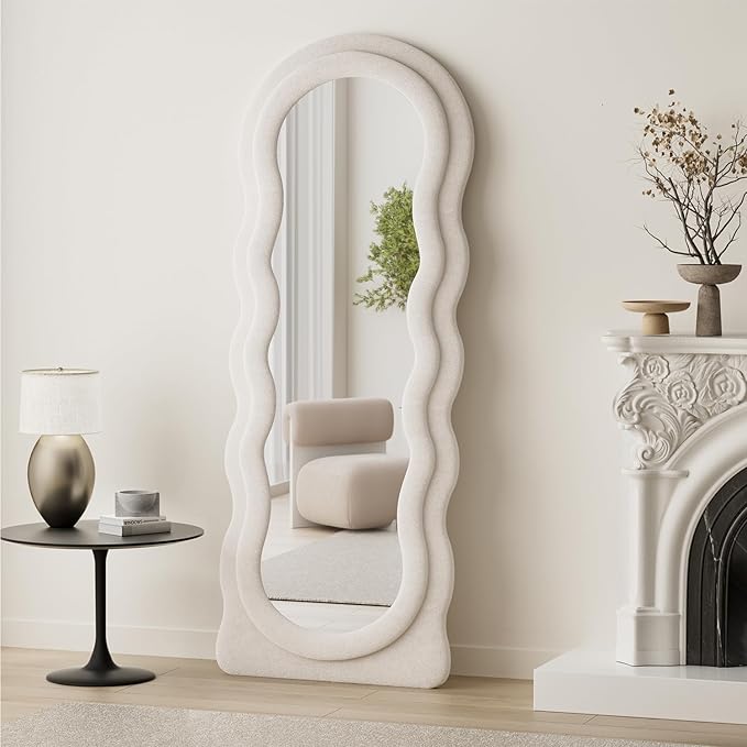 TinyTimes Full Length Mirror Floor Mirror, 63" x 24" Wavy Body Mirror, Standing Mirrors Full Length for Bedroom, Living Room, Cloakroom, Wavy Mirrors, White