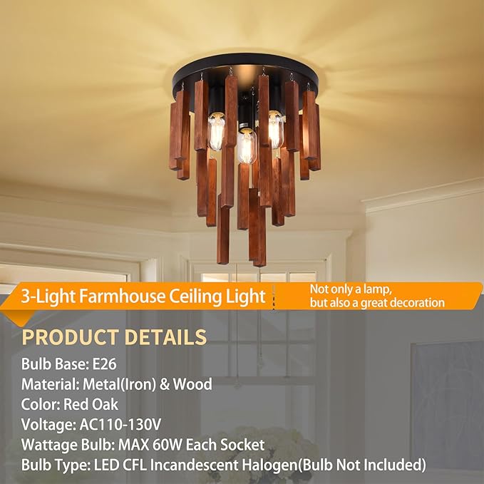 Farmhouse Flush Mount Ceiling Light Fixture, Rustic 3-Light Wood Strip Close to Ceiling Lights,Retro Vintage Red Oak and Black Kitchen Ceiling Lighting for Hallway Bedroom Entryway Living Dining Room