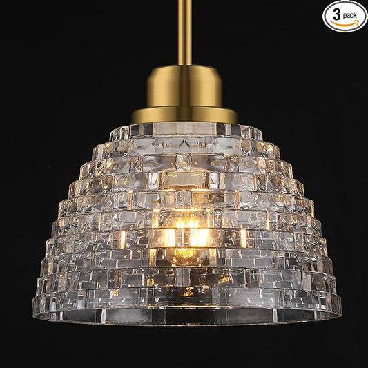 3 Pack Glass Pendant Lights Kitchen Island 8.7 Inches Modern Gold Glass Pendant Light Fixtures Brass Hanging Lighting for Kitchen Over Sink Dining Room Bedroom E26