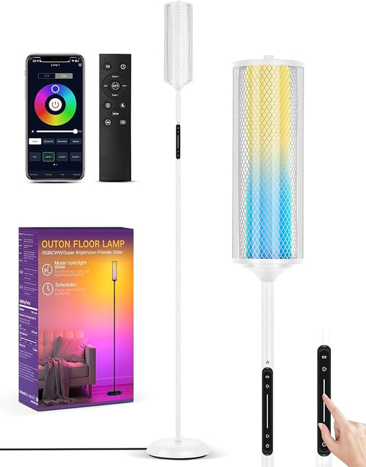 OUTON LED Floor Lamp with Remote & APP Control, Tall Standing Lamp, 16 Million Colors, 32 Scene Modes & Music Sync, Modern Corner Lamps for Living Room, Bedroom, Gaming, White & Glass Lampshade