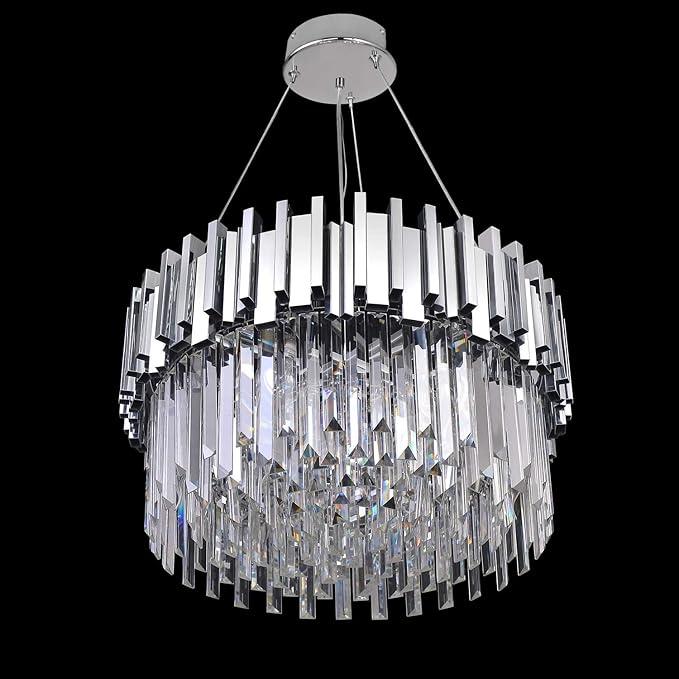 Modern Crystal Chandelier Lighting Chrome Pendant Lights Fixture with Stainless Steel Shade Island Chandeliers Ceiling Dining Room Living Room Contemporary Kitchen Dimmable 9-Lights