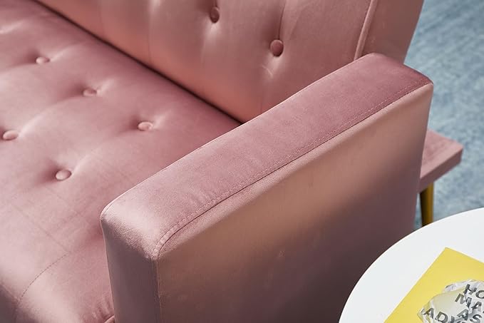 Eafurn Convertible Futon Sofa Bed, 75″Velvet Fabric Futons Loveseat Couch with Adjustable Backrest, Folding Sleeper Recliner Daybed for Living Room Furniture | Golden Legs, Wood Frame