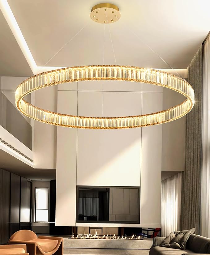 40'' Modern Ring Chandelier Crystal Chandeliers for Dining Room Round LED Dimmable Ceiling Light Fixture for Living Room Bedroom Lighting Gold