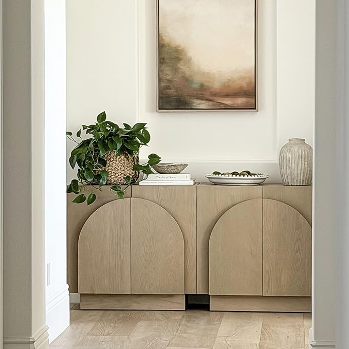 Nathan James Iris Mid-Century Modern Credenza, Light Brown TV Stand, Living Room Wood Storage Cabinet with Arched Cabinet Doors, White Oak, Set of 3