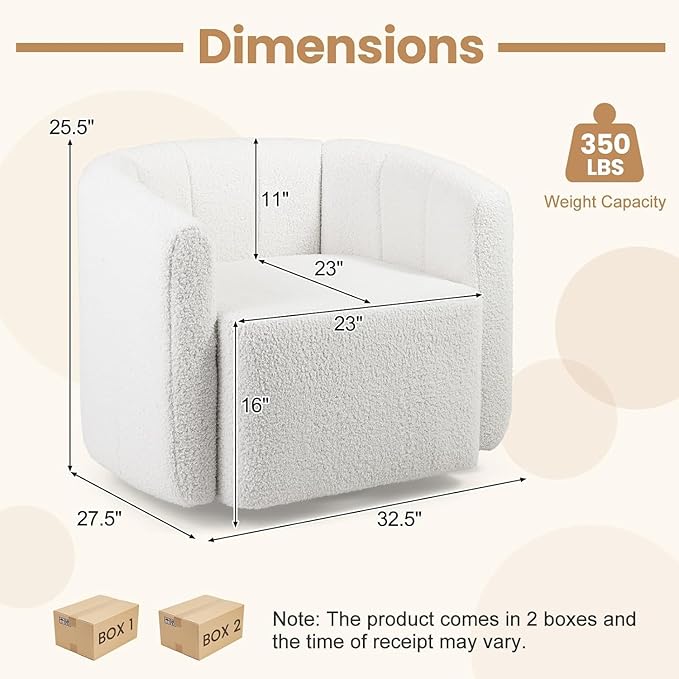 KOMFOTT Swivel Barrel Chair, Sherpa Fabric Accent Chair with Curved Backrest & Armrests, Upholstered Armchair with Wide Seat, Pumpkin Shaped Single Sofa Chair for Living Room, Bedroom, White