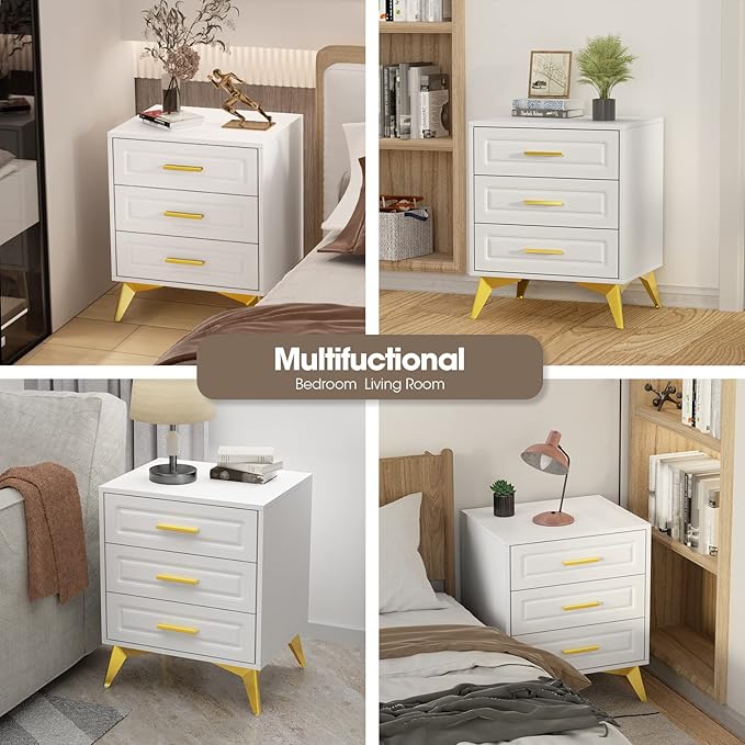 Giluta White Nightstand with 3 Drawers, Modern Night Stand with Gold Solid Metal Legs & Handles, Wood Bedside Table, Sofa End Side Table for Bedroom