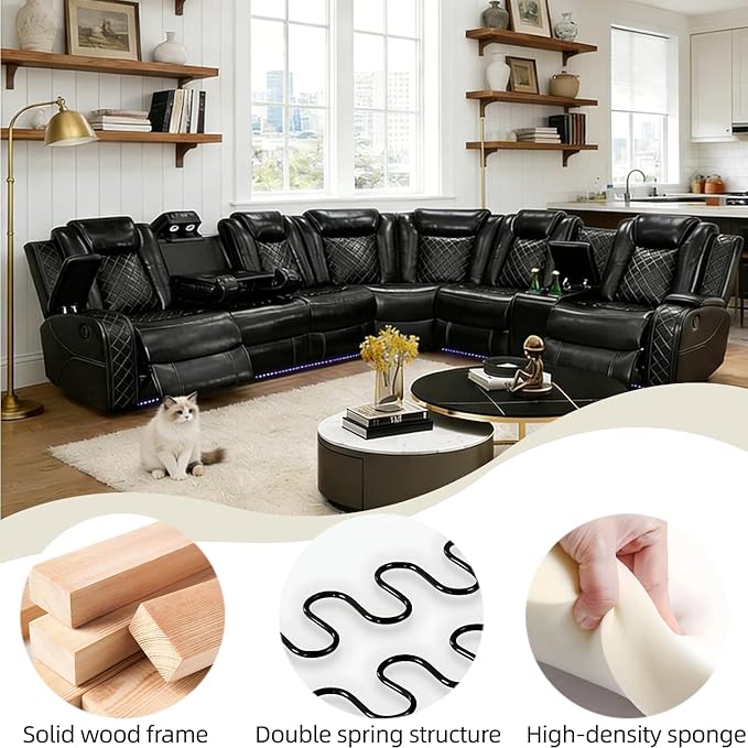 Power Reclining Sectional Sofa Set with LED, Living Room Furniture Sets, Leather Recliner Couch for Living Room/Home Theater, Sectional Couch and Chair with 4 Recliners, USB Port/Hide-Away Storage