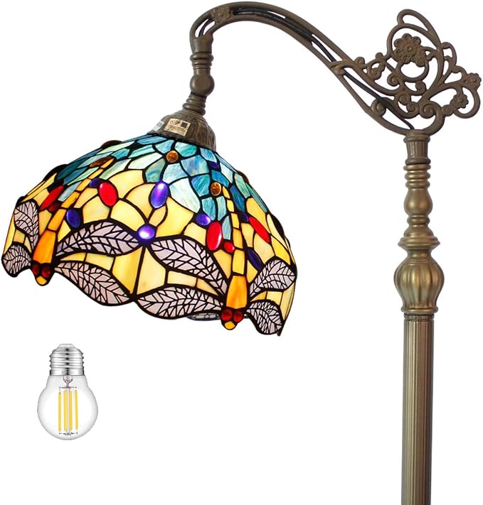 WERFACTORY Tiffany Floor Lamp Sea Blue Yellow Stained Glass Dragonfly Arch Lamp 12X18X64 Inch Gooseneck Adjustable Corner Stand Reading Light Decor Bedroom Living Room S128 Series