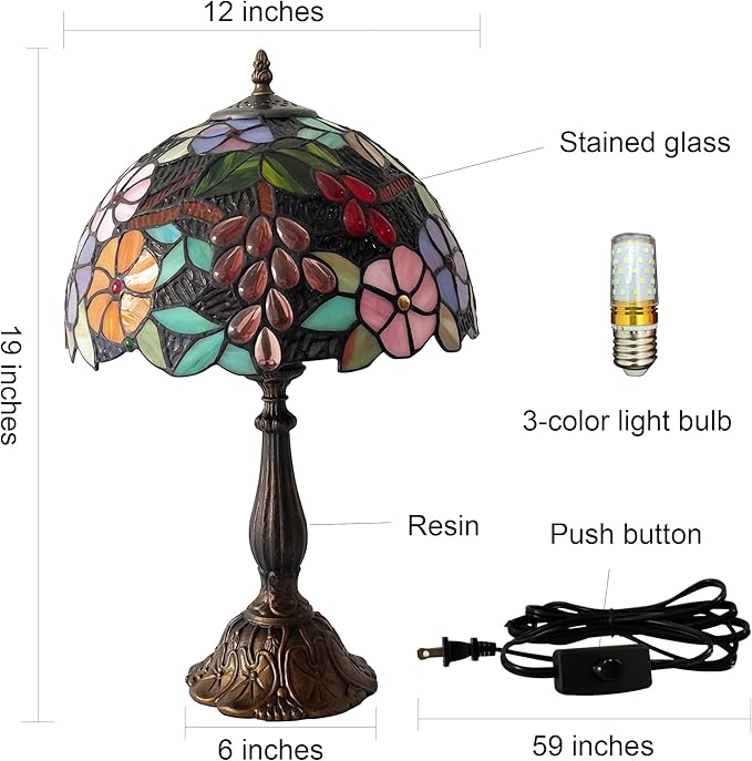 Tiffany 3-Color Stained Glass Lamp - Vintage Beside Reading Lamp, 12 inch Living Room Light, Flowers Style Antique Nightstand Light (Grapes Flowers)