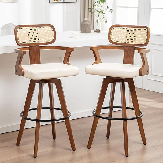 Swivel Bar Stools Set of 2 - 30 inch Mid Century Bar Stools with Walnut Craftsmanship, Curved Rattan Back, Upholstered Seat, Bar Height BarStools for Kitchen/Pub/Island/Cafe (30" Seat Height, Beige)