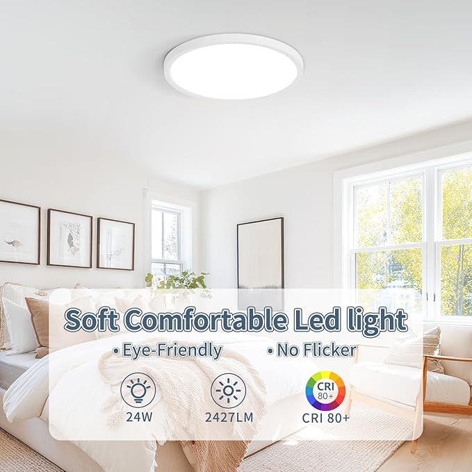 11.4 Inch 12PK LED Flush Mount Ceiling Light, ETL ,24W, 2427LM, 3000K/3500K/4000K/5000K/6500K CCT Selectable, 0.66in Ultra Thin Round Flat Panel Ceiling Light Fixture for Bedroom, Kitchen, (White)