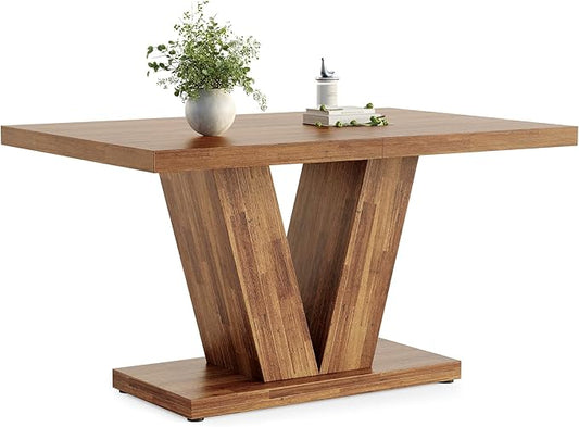 LITTLE TREE 47 Inches Dining Table for 4, Modern Dining Room Tables, Brown Rectangle Kitchen Table with V-Shaped Pedestal, Wooden Dinner Table for Dining Room, Living Room