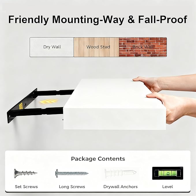 Floating Shelves for Wall(Set of 2)-16 Inch White Wood Wall Shelf with Invisible Brackets for Bathroom,Bedroom,Drawingroom,Kitchen for Decor(White 2pcs)