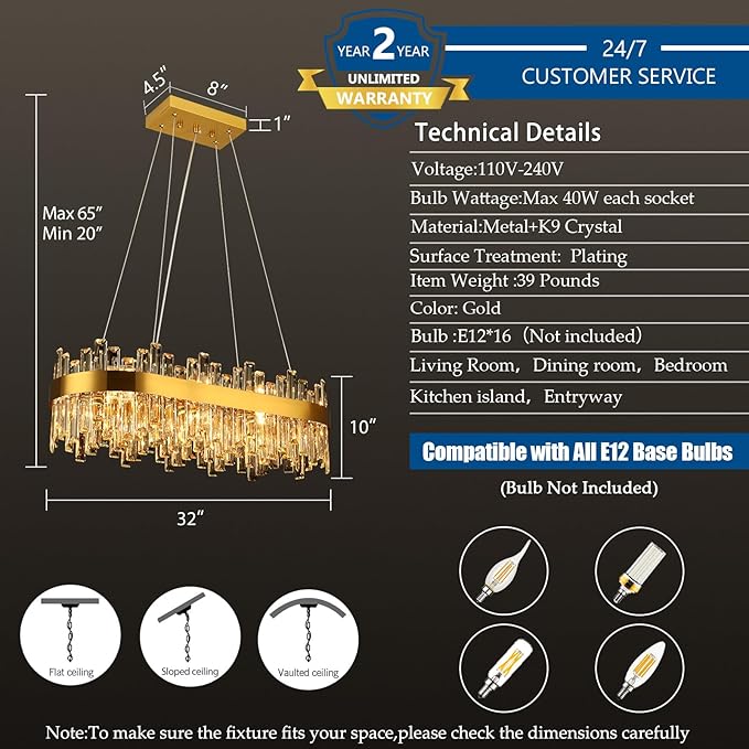 Gold Crystal Chandeliers for Dining Room Lights Fixtures Over Table, 16 Lights Modern Rectangle 2-Tier Chandeliers for Kitchen Island Bar L32 Inch