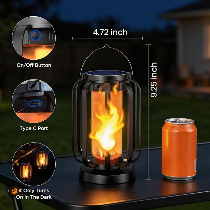 Hompavo Gen2 Solar Lanterns Outdoor Lights with Ultra-Real Flame, 2 Charging (USB/Solar) & 2 Modes - Waterproof Decorative Hanging/Table Lights for Pathway Yard Patio Garden Decor Gifts for Women, 4