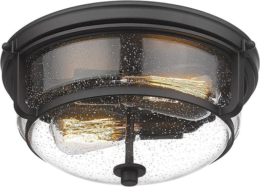 Emliviar 12 Inch Ceiling Light with Seeded Glass Shade - Indoor Outdoor Modern Flush Mount Ceiling Light Fixture, Black Finish, WE249F BK