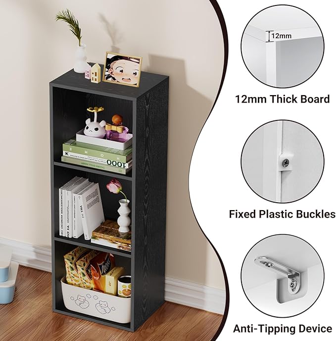 3 Tier Bookshelf, Narrow Bookcase for Small Spaces, Wooden Book Case Bookshelves Storage Organizer for Bedroom Living Room Home Office (Black, 3 Cube)