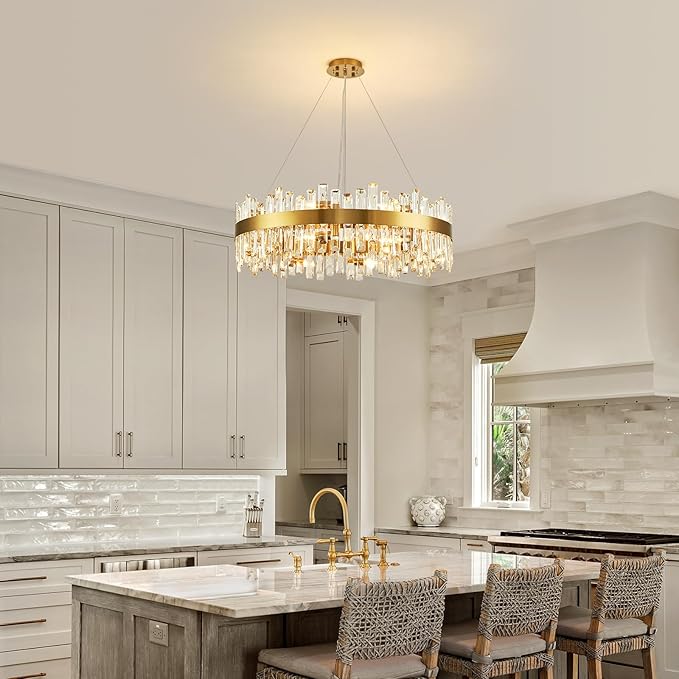 CROSSIO 16-Light Modern Crystal Chandelier, Large Gold Round 2-Tiers K9 Crystal Chandelier, Luxury Flush Mount Crystal Pendant Ceiling Light for Dining Living Room Entryway Foyer D31.5''