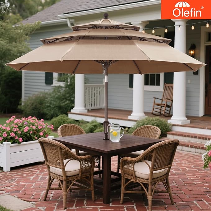 MASTERCANOPY 9ft 3-Tier Olefin Patio Umbrella with Tilt Crank, 5-Year-Non-Fading Canopy & 8 Fiberglass Ribs for Deck, Patio, and Garden, Light Gray & White