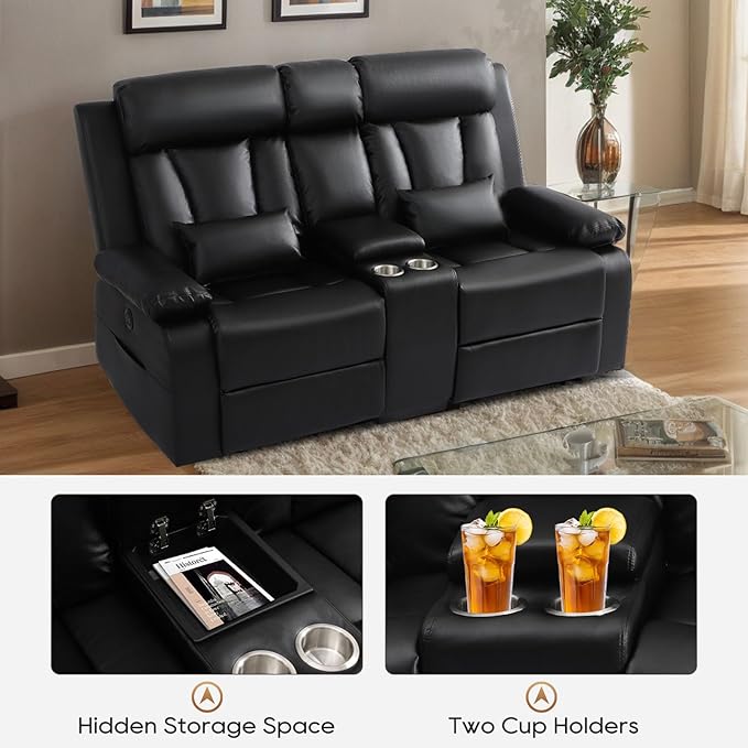 Power Reclining Loveseat with Console, Power Loveseat Recliner Sofa with Lumbar Pillow, USB,Type-c Ports, Eelctric Reclining Couch with Cup Holders for Living Room(Black, Loveseat)