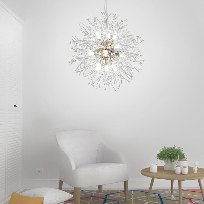 Depuley Gold Dandelion Light Fixtures, 12-Light Crystal Chandelier Lights Sparkle Pendant Light, Firework Starburst Chandelier Design for Living Room, Bedroom, Stairs, Hallway, G9 Bulb Not Included