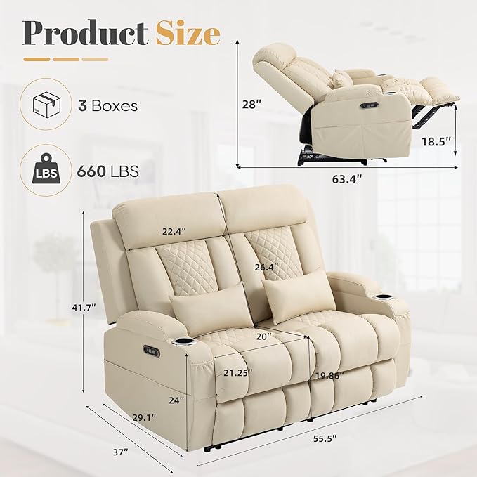 2-Piece Power Reclining Sofa Set, 3-Seater Sofa with Drop-Down Console & 2-Seater Loveseat, Zero Wall Hugger Electric Recliner Couch with Adjustable Headrest, AC Outlets (Beige, Loveseat)