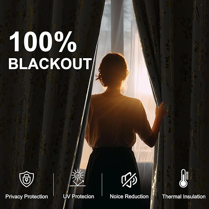 NICETOWN Gold Foil Printed Floral Curtains 100% Blackout, Grommet Branch Pattern Gold Foil Printed Window Treatments Thermal Drapes for Bedroom, Greyish White, W52 x L96, 2 Panels