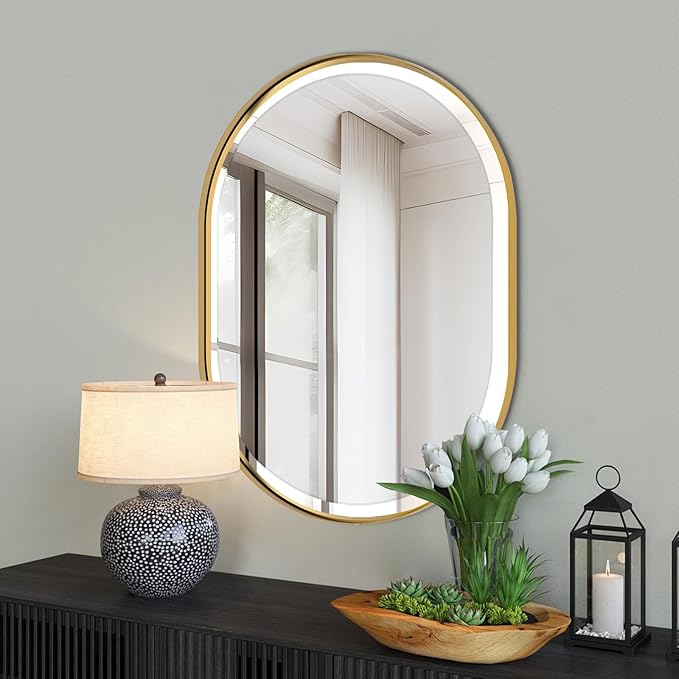 POZINO Modern Oval Beveled Mirror, 22"x30" Brushed Gold Bathroom Vanity Mirror Over Sink, Pill Shaped Capsule Wall Mounted Mirrors for Living Room Bedroom Entryway, Hangs Vertically or Horizontally