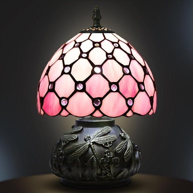 Small Tiffany Table Lamp,Stained Glass Lamp,8 Inch Mushroom Style Mini Vintage Desk Lights for Bedside, Bedroom,Nightstand,Living Room,3 Color Temperature (Pink)