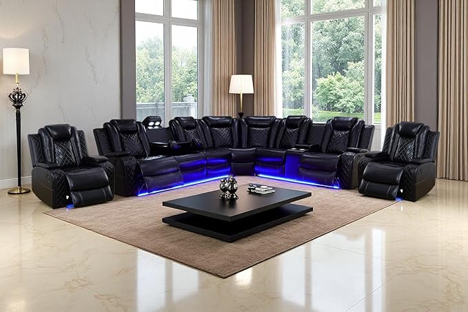 Black Power Reclining Sectional Sofa Set, Living Room Furniture Sets, Leather Recliner Corner Couches and Chair, Power Recliner Sectional with Cup Holder/Storage Console for Living Room