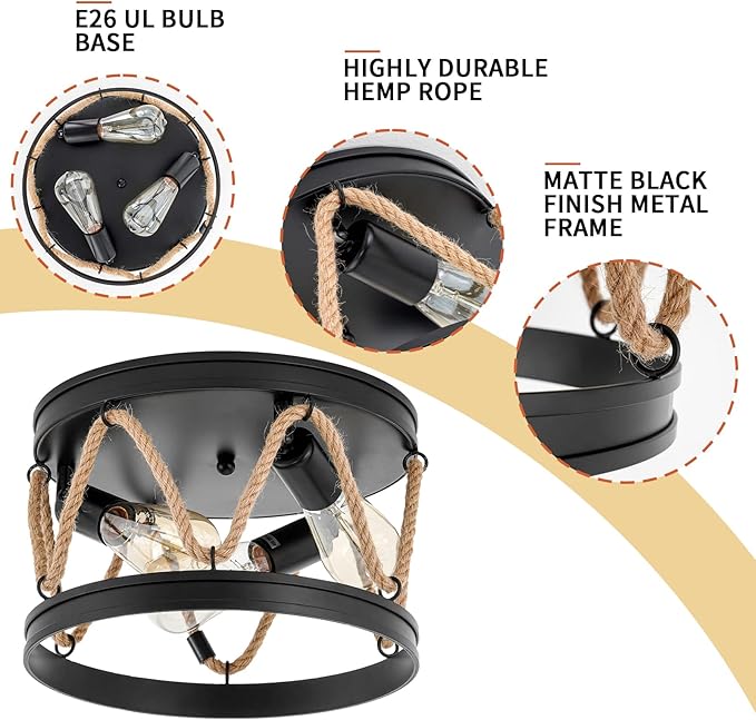 Industrial 3-Light Farmhouse Ceiling Light Fixture with Rope Shade, Rustic Vintage Black Metal Round Ceiling Lamp for Dining Room, Hallway, Foyer, Bedroom, Entryway