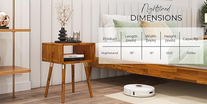 Bme Dinkee Solid Wood Nightstand, Fully Assembled, Without Drawer for Mid Century Bedroom and Living Room, Caramel