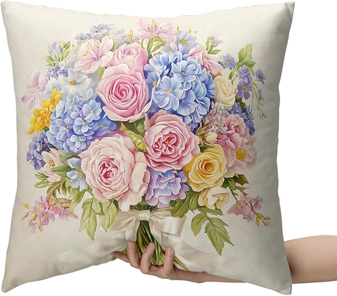 Spring Summer Floral Pillow Covers 18x18 Pink Rose Blue Hydrangea Throw Pillow Covers Exquisite Bouquet Pillow Case Flowers Cushion Case for Living Room Couch Sofa 2 Pack
