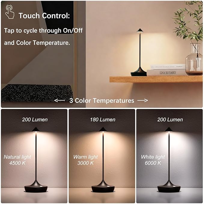 2-Pack Cordless Rechargeable LED Table Lamps, Metal, 3 Color Touch Stepless Dimmable, IP54 Waterproof Portable Battery Operated for Outdoor Dining Patio Restaurant Home Decor, Mocha