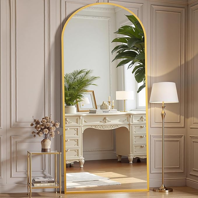 OLIXIS Arched Full Length Mirror for Bedroom, 68"x26" Full Body Mirror with Stand, Hanging or Leaning for Wall, Aluminum Alloy Thin Frame Floor Standing for Living Room, Long, Gold