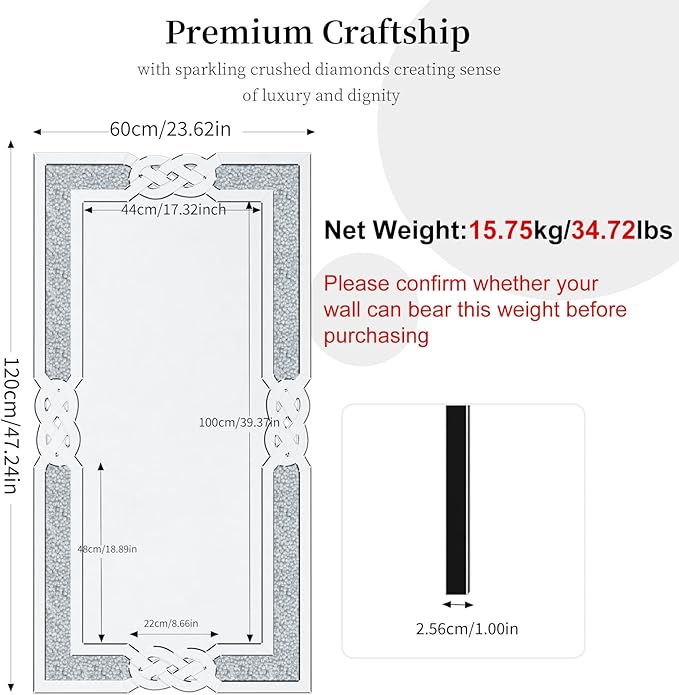 Crushed Diamond Mirror Silver Vanity Rectangular Wall Decor 48x24 inch